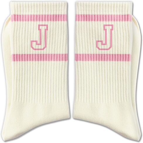 Pink and White Striped Crew Socks with the Letter， Classic Varsity Sports Style Monogram Socks in Saudi Arabia