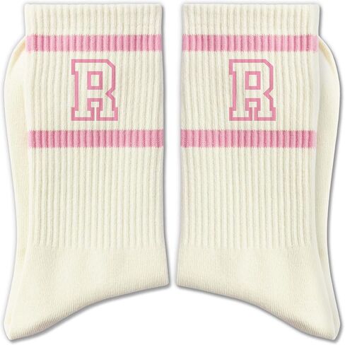 Pink and White Striped Crew Socks with the Letter， Classic Varsity Sports Style Monogram Socks in Saudi Arabia