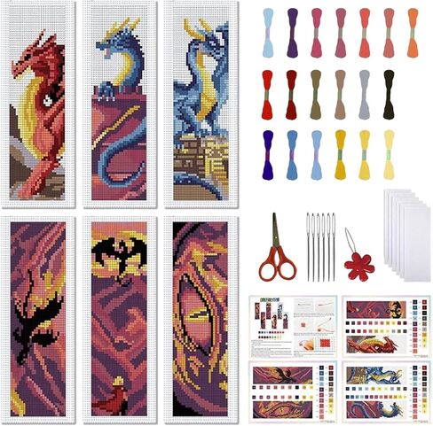 FREEBLOSS 6 Set Cross Stitch Bookmark Stamped Cross Stitch Kit with 6 Different Dragon Patterns Embroidery Kit with Instruction DIY Bookmark Kit for Gift Adults 8''x2.4'' in Kuwait