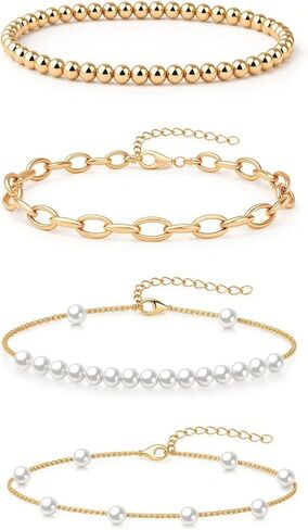 4Pcs Gold Pearl Beaded Bracelet Dainty 14K Gold Plated Stack Adjustable Jewelry Stretch Bead Ball Non Tarnish Trendy Stackable Paperclip Link Chain Trendy Bracelets for Women Fashion Accessories Gifts in Kuwait