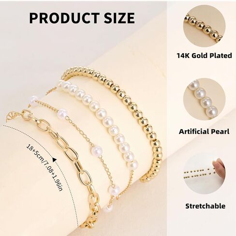 4Pcs Gold Pearl Beaded Bracelet Dainty 14K Gold Plated Stack Adjustable Jewelry Stretch Bead Ball Non Tarnish Trendy Stackable Paperclip Link Chain Trendy Bracelets for Women Fashion Accessories Gifts in Kuwait