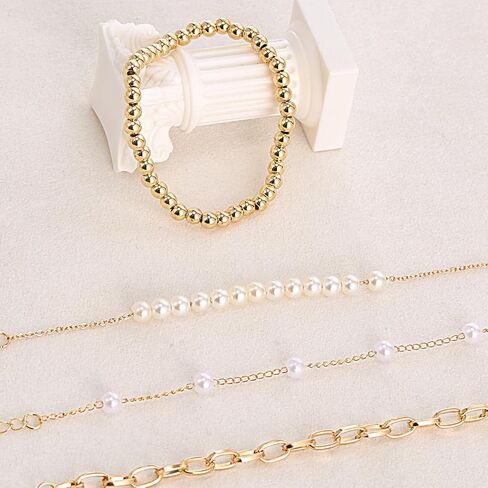4Pcs Gold Pearl Beaded Bracelet Dainty 14K Gold Plated Stack Adjustable Jewelry Stretch Bead Ball Non Tarnish Trendy Stackable Paperclip Link Chain Trendy Bracelets for Women Fashion Accessories Gifts in Kuwait