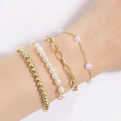 4Pcs Gold Pearl Beaded Bracelet Dainty 14K Gold Plated Stack Adjustable Jewelry Stretch Bead Ball Non Tarnish Trendy Stackable Paperclip Link Chain Trendy Bracelets for Women Fashion Accessories Gifts in Kuwait