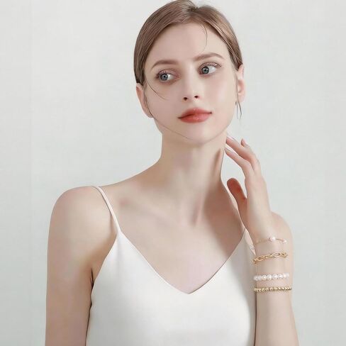 4Pcs Gold Pearl Beaded Bracelet Dainty 14K Gold Plated Stack Adjustable Jewelry Stretch Bead Ball Non Tarnish Trendy Stackable Paperclip Link Chain Trendy Bracelets for Women Fashion Accessories Gifts in Kuwait