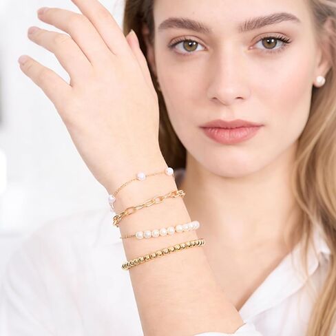 4Pcs Gold Pearl Beaded Bracelet Dainty 14K Gold Plated Stack Adjustable Jewelry Stretch Bead Ball Non Tarnish Trendy Stackable Paperclip Link Chain Trendy Bracelets for Women Fashion Accessories Gifts in Kuwait