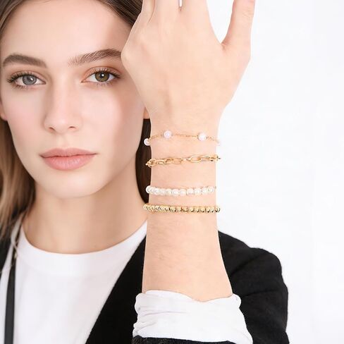 4Pcs Gold Pearl Beaded Bracelet Dainty 14K Gold Plated Stack Adjustable Jewelry Stretch Bead Ball Non Tarnish Trendy Stackable Paperclip Link Chain Trendy Bracelets for Women Fashion Accessories Gifts in Kuwait