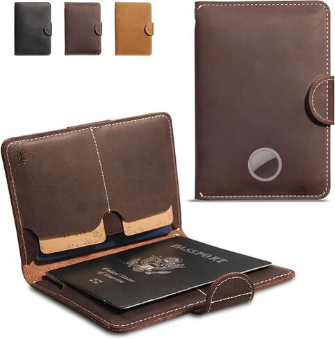 Passport Wallet - Leather Passport Book Cover - Passport Holder for Travel Family- Genuine Leather Travel Wallet Passport Holder for Man - Passport Sleeve with Slot for Airtag in Saudi Arabia