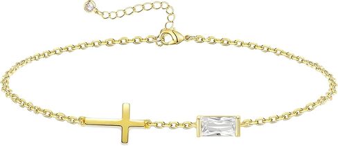 Cross Bracelet for Women with Birthstone Dainty 14k Gold Plated Non Tarnish Dainty Charm Birthstone Bracelet Trendy Stuff Religious Christian Birthday Gifts Jewelry in Saudi Arabia