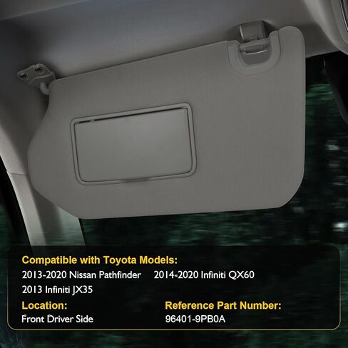 جانب سائق واقي الشمس لسيارة Nissan Pathfinder 2013-2018، 2014-2017 Infiniti QX60، 2013 Infiniti JX35، رمادي، واقي من الجانب الأيسر مع مرآة خفيفة، استبدال #96401-9PB0A in Kuwait