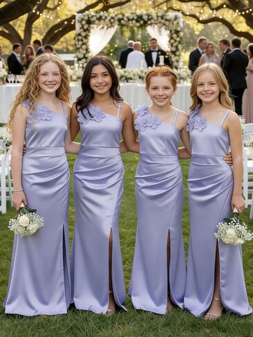 Silk Satin Junior Bridesmaid Dress Wedding 3D Flower Formal Ball Gown Slit Pleated Long Flower Girl Dresses in Saudi Arabia