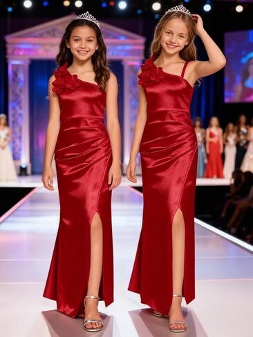 Silk Satin Junior Bridesmaid Dress Wedding 3D Flower Formal Ball Gown Slit Pleated Long Flower Girl Dresses in Saudi Arabia
