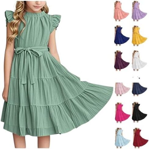 Girls Dresses Size 10-12 Formal Short Sleeve Ruffle Dress Tween Spring Summer Cute Flowy Midi Dress with Belt in Saudi Arabia