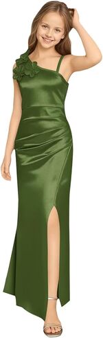 Silk Satin Junior Bridesmaid Dress Wedding 3D Flower Formal Ball Gown Slit Pleated Long Flower Girl Dresses in Saudi Arabia