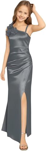 Silk Satin Junior Bridesmaid Dress Wedding 3D Flower Formal Ball Gown Slit Pleated Long Flower Girl Dresses in Saudi Arabia