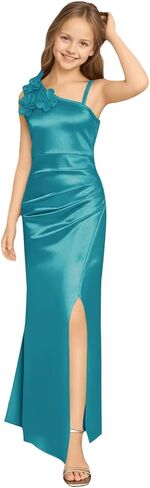 الحرير الساتان فستان وصيفة الشرف جونيور الزفاف 3D زهرة الكرة بثوب رسمي شق مطوي طويل زهرة فتاة فساتين in Kuwait