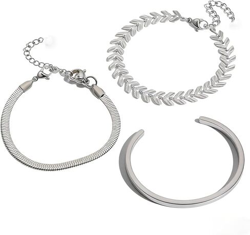 3 Pieces 14K Gold Bracelet Set, Flat Snake Bone Herringbone Smooth Surface Bangle Bracelets, Stackable Statement Jewelry Gifts for Women Teen Girls in Kuwait