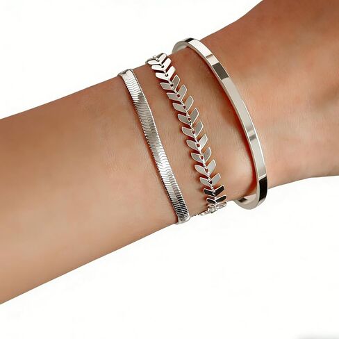 3 Pieces 14K Gold Bracelet Set, Flat Snake Bone Herringbone Smooth Surface Bangle Bracelets, Stackable Statement Jewelry Gifts for Women Teen Girls in Kuwait