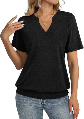 Womens Tops Short Sleeve Banded Bottom Summer Tops V Neck T Shirts Casual Ladies Tees Loose Fit Clothing in Kuwait