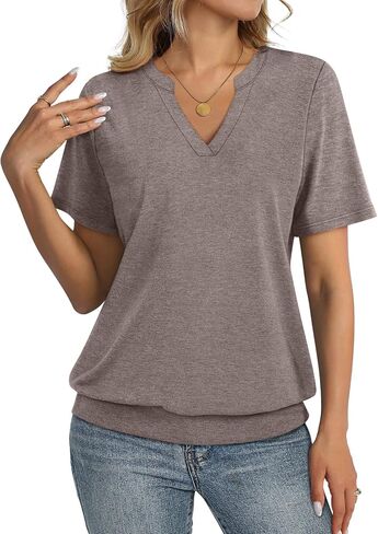 Womens Tops Short Sleeve Banded Bottom Summer Tops V Neck T Shirts Casual Ladies Tees Loose Fit Clothing in Saudi Arabia