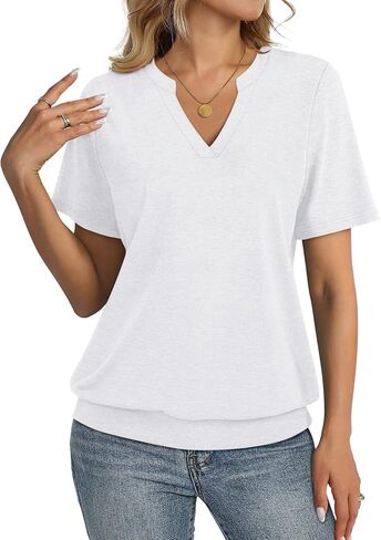 Womens Tops Short Sleeve Banded Bottom Summer Tops V Neck T Shirts Casual Ladies Tees Loose Fit Clothing in Saudi Arabia
