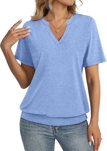Womens Tops Short Sleeve Banded Bottom Summer Tops V Neck T Shirts Casual Ladies Tees Loose Fit Clothing in Saudi Arabia