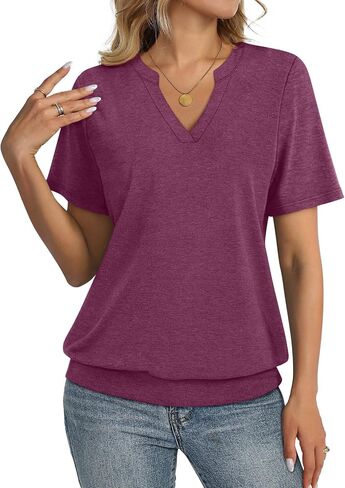 Womens Tops Short Sleeve Banded Bottom Summer Tops V Neck T Shirts Casual Ladies Tees Loose Fit Clothing in Saudi Arabia