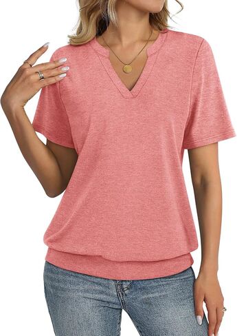 Womens Tops Short Sleeve Banded Bottom Summer Tops V Neck T Shirts Casual Ladies Tees Loose Fit Clothing in Saudi Arabia
