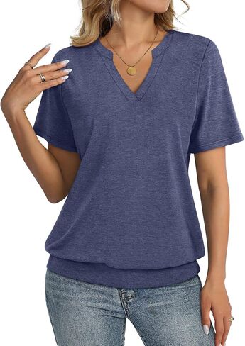 Womens Tops Short Sleeve Banded Bottom Summer Tops V Neck T Shirts Casual Ladies Tees Loose Fit Clothing in Saudi Arabia