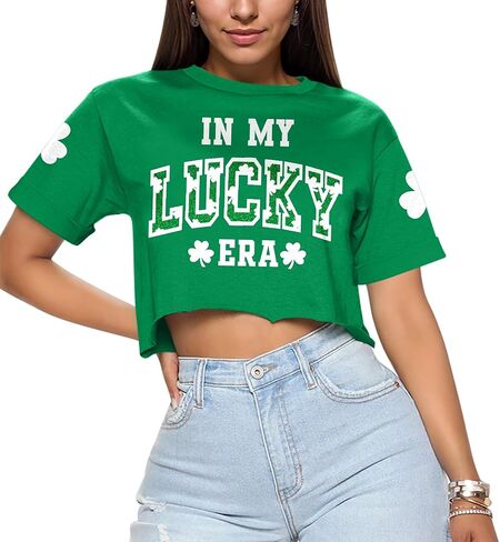 Womens St Patricks Day Short Sleeve Crewneck Lucky Irish Crop Top Clover Graphic Shirts Glitter in My Lucky Era M in Saudi Arabia