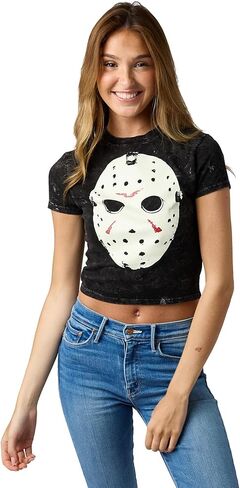 Bioworld Friday The 13th Hockey Mask Women's Gray Mineral Wash Crew Neck Short Sleeve Cropped Baby Tee in Saudi Arabia