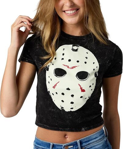 Bioworld Friday The 13th Hockey Mask Women's Gray Mineral Wash Crew Neck Short Sleeve Cropped Baby Tee in Saudi Arabia