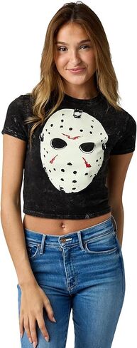 Bioworld Friday The 13th Hockey Mask Women's Gray Mineral Wash Crew Neck Short Sleeve Cropped Baby Tee in Saudi Arabia