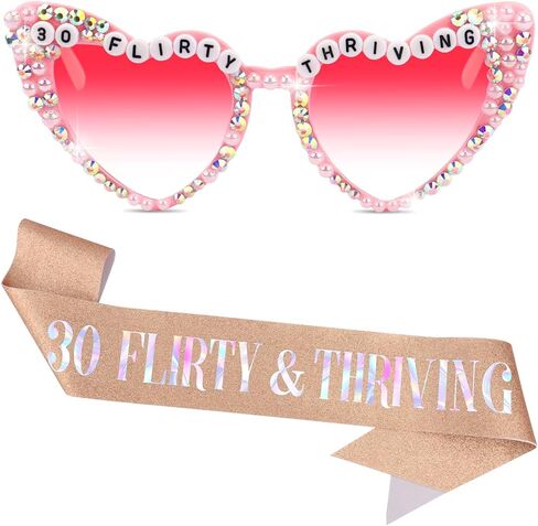 30 Flirty Thriving Glasses and Rose Gold Sash Set For Women 30th Birthday Accessories Decorations Decor, Happy Birthday Sunglasses For 30th Bday Party Supplies Outfit in Saudi Arabia