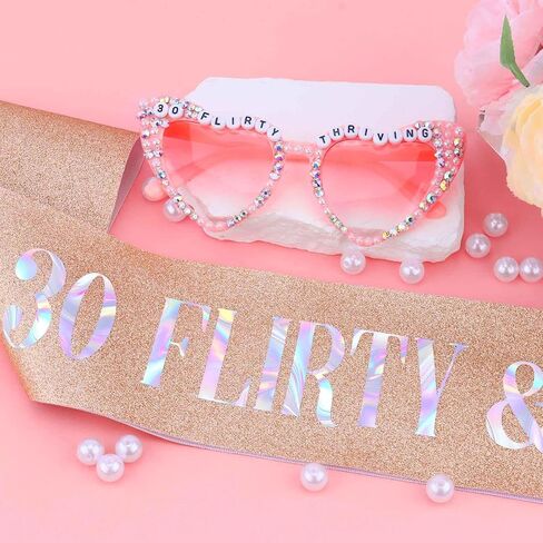 30 Flirty Thriving Glasses and Rose Gold Sash Set For Women 30th Birthday Accessories Decorations Decor, Happy Birthday Sunglasses For 30th Bday Party Supplies Outfit in Saudi Arabia