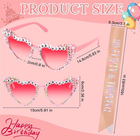 30 Flirty Thriving Glasses and Rose Gold Sash Set For Women 30th Birthday Accessories Decorations Decor, Happy Birthday Sunglasses For 30th Bday Party Supplies Outfit in Saudi Arabia