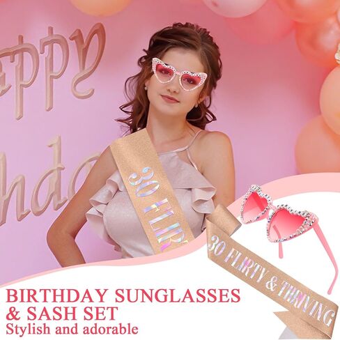 30 Flirty Thriving Glasses and Rose Gold Sash Set For Women 30th Birthday Accessories Decorations Decor, Happy Birthday Sunglasses For 30th Bday Party Supplies Outfit in Saudi Arabia
