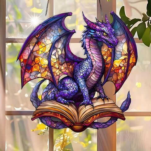 1PC The Colorful Dragon on Open Book Acrylic Suncatcher Hanging, 7.08 inch Window Decor with Printed Stained Glass Style Design, Gift Idea & Garden Ornament Indoor Outdoor Use/DW-26 in Saudi Arabia