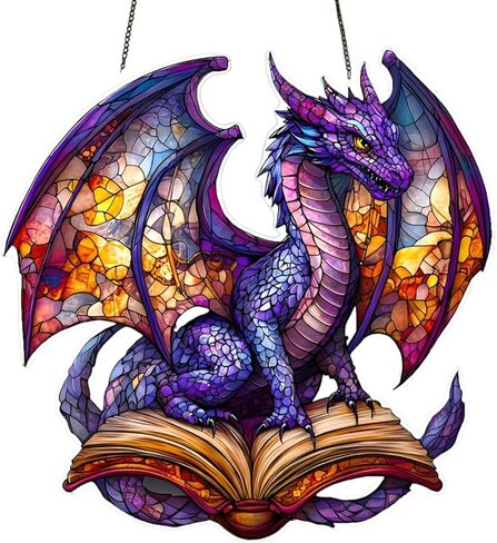 1PC The Colorful Dragon on Open Book Acrylic Suncatcher Hanging, 7.08 inch Window Decor with Printed Stained Glass Style Design, Gift Idea & Garden Ornament Indoor Outdoor Use/DW-26 in Saudi Arabia