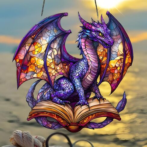 1PC The Colorful Dragon on Open Book Acrylic Suncatcher Hanging, 7.08 inch Window Decor with Printed Stained Glass Style Design, Gift Idea & Garden Ornament Indoor Outdoor Use/DW-26 in Saudi Arabia