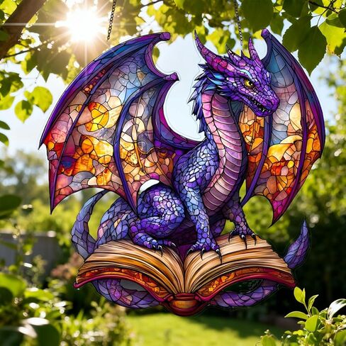 1PC The Colorful Dragon on Open Book Acrylic Suncatcher Hanging, 7.08 inch Window Decor with Printed Stained Glass Style Design, Gift Idea & Garden Ornament Indoor Outdoor Use/DW-26 in Saudi Arabia
