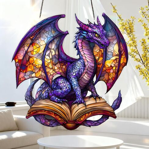 1PC The Colorful Dragon on Open Book Acrylic Suncatcher Hanging, 7.08 inch Window Decor with Printed Stained Glass Style Design, Gift Idea & Garden Ornament Indoor Outdoor Use/DW-26 in Saudi Arabia