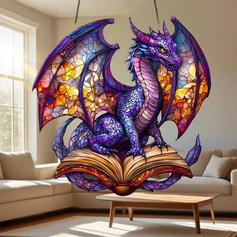 1PC The Colorful Dragon on Open Book Acrylic Suncatcher Hanging, 7.08 inch Window Decor with Printed Stained Glass Style Design, Gift Idea & Garden Ornament Indoor Outdoor Use/DW-26 in Saudi Arabia