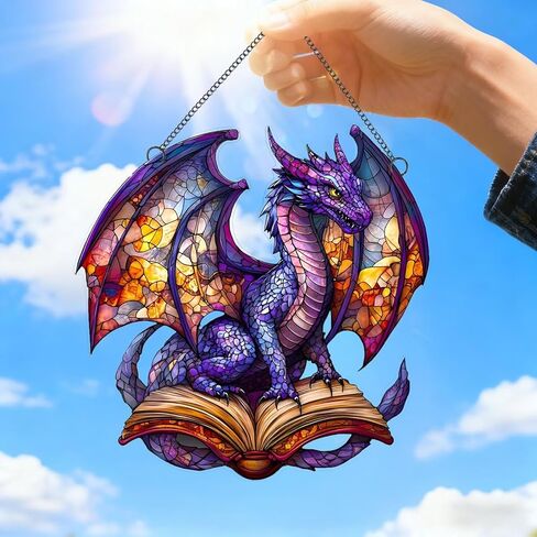 1PC The Colorful Dragon on Open Book Acrylic Suncatcher Hanging, 7.08 inch Window Decor with Printed Stained Glass Style Design, Gift Idea & Garden Ornament Indoor Outdoor Use/DW-26 in Saudi Arabia