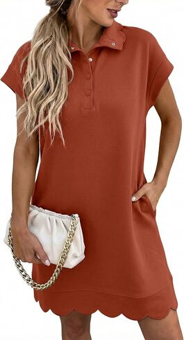 فستان نسائي صيفي قصير من Valiamcep بياقة على شكل V وأكمام قصيرة وأكمام قصيرة عصرية لقضاء إجازة الشاطئ مع جيوب in Kuwait