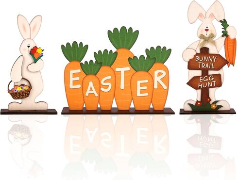 3Pcs Easter Decorations for Home Wooden Bunny Table Sign Easter Egg Hunt Tabletop Centerpiece Eggs Carrot Rustic Farmhouse Decor in Saudi Arabia
