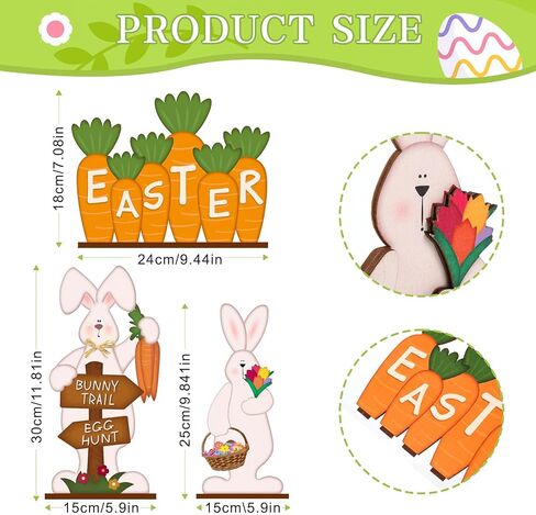 3Pcs Easter Decorations for Home Wooden Bunny Table Sign Easter Egg Hunt Tabletop Centerpiece Eggs Carrot Rustic Farmhouse Decor in Saudi Arabia