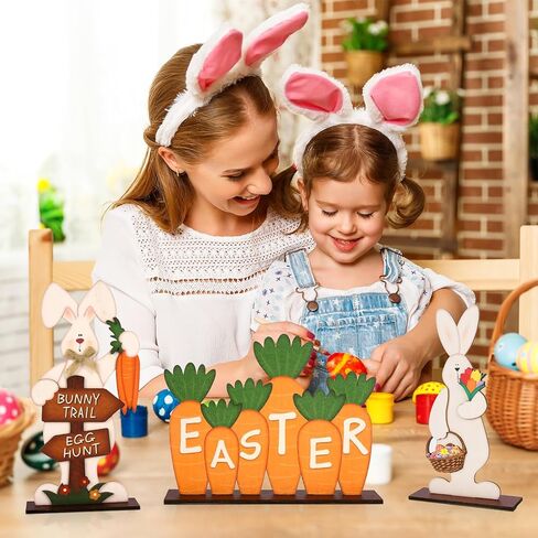 3Pcs Easter Decorations for Home Wooden Bunny Table Sign Easter Egg Hunt Tabletop Centerpiece Eggs Carrot Rustic Farmhouse Decor in Saudi Arabia