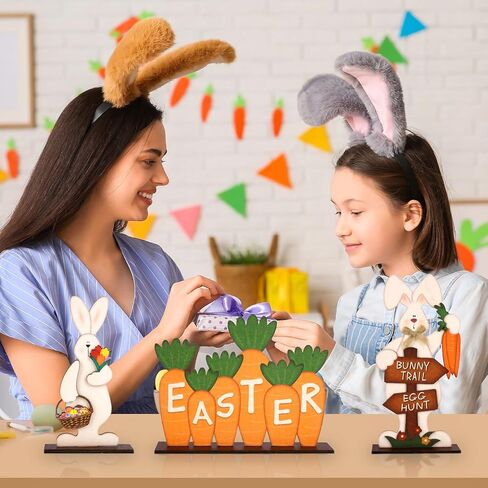 3Pcs Easter Decorations for Home Wooden Bunny Table Sign Easter Egg Hunt Tabletop Centerpiece Eggs Carrot Rustic Farmhouse Decor in Saudi Arabia
