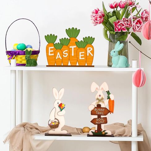 3Pcs Easter Decorations for Home Wooden Bunny Table Sign Easter Egg Hunt Tabletop Centerpiece Eggs Carrot Rustic Farmhouse Decor in Saudi Arabia