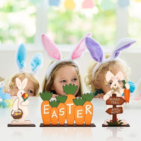3Pcs Easter Decorations for Home Wooden Bunny Table Sign Easter Egg Hunt Tabletop Centerpiece Eggs Carrot Rustic Farmhouse Decor in Saudi Arabia
